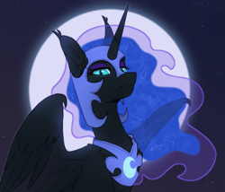 Size: 1599x1366 | Tagged: source needed, safe, artist:trickate, derpibooru import, nightmare moon, alicorn, pony, armor, constellation, female, full moon, horn, long horn, looking at you, mare, moon, solo