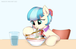 Size: 1096x701 | Tagged: safe, artist:vinilyart, derpibooru import, coco pommel, earth pony, pony, eating, egg, food, glass, glass of water, noodles, ramen, simple background, white background