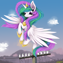 Size: 4000x4000 | Tagged: safe, artist:ser-p, derpibooru import, princess celestia, alicorn, pony, absurd resolution, crown, female, hoof shoes, jewelry, mare, power line, regalia, solo, spread wings, wings