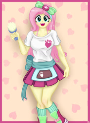 Size: 1280x1761 | Tagged: safe, artist:lennondash, derpibooru import, fluttershy, human, eqg summertime shorts, equestria girls, pet project, brush, female, open mouth, open smile, smiling, solo