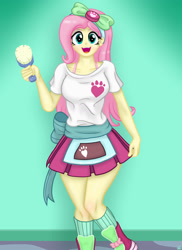 Size: 1280x1761 | Tagged: safe, alternate version, artist:lennondash, derpibooru import, fluttershy, human, eqg summertime shorts, equestria girls, pet project, brush, female, open mouth, open smile, smiling, solo