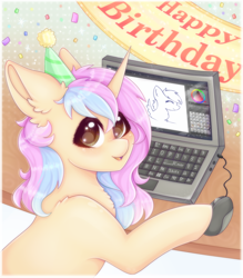 Size: 2100x2400 | Tagged: safe, artist:saltyvity, derpibooru import, oc, pony, unicorn, big eyes, blue hair, blushing, brown eyes, commission, computer, confetti, cute, drawing, ear fluff, ears, fluffy, happy, happy birthday, krita, laptop computer, paint, painting, particles, pink hair, solo, sparkles