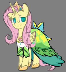 Size: 1758x1900 | Tagged: safe, artist:moonseeker, derpibooru import, fluttershy, alicorn, pony, alicornified, clothes, dress, female, fluttercorn, gray background, mare, race swap, simple background, sketch, solo