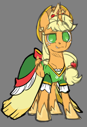 Size: 1400x2030 | Tagged: safe, artist:moonseeker, derpibooru import, applejack, alicorn, pony, alicornified, applecorn, clothes, color, crown, dress, female, gray background, horn, jewelry, mare, race swap, regalia, simple background, sketch, solo, wings