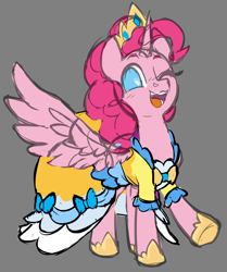 Size: 1666x1992 | Tagged: safe, artist:moonseeker, derpibooru import, pinkie pie, alicorn, pony, alicornified, clothes, dress, female, gray background, mare, pinkiecorn, race swap, simple background, sketch, solo, xk-class end-of-the-world scenario