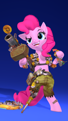 Size: 2160x3840 | Tagged: safe, artist:owlpirate, derpibooru import, pinkie pie, earth pony, pony, 3d, 4k, amputee, bipedal, clothes, cosplay, costume, female, gradient background, grenade launcher, high res, hoof hold, junkrat, mare, open mouth, open smile, overwatch, peg leg, prosthetic leg, prosthetic limb, prosthetics, smiling, solo, source filmmaker, weapon
