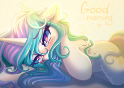 Size: 1323x935 | Tagged: safe, artist:chaosangeldesu, derpibooru import, princess celestia, alicorn, pony, blushing, cute, looking at you, morning, smiling, smiling at you, solo