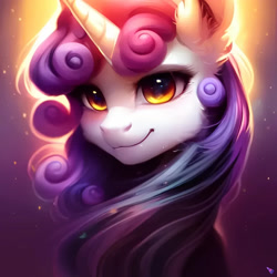 Size: 1024x1024 | Tagged: safe, derpibooru import, generator:purplesmart.ai, generator:stable diffusion, machine learning generated, sweetie belle, pony, unicorn, ear fluff, ears, female, golden eyes, mare, smiling, solo, watermark, wrong eye color