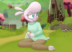 Size: 2290x1660 | Tagged: safe, artist:hitsuji, derpibooru import, pom lamb, anthro, lamb, sheep, them's fightin' herds, adorapom, brick wall, clothes, community related, cute, female, fence, food, house, looking offscreen, pants, sandwich, solo, sweater, tree, turtleneck, windmill