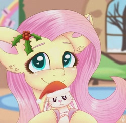 Size: 1987x1939 | Tagged: safe, artist:galaxy swirl, derpibooru import, angel bunny, fluttershy, pegasus, pony, angel bunny is not amused, blushing, christmas, cute, fluttershy's cottage (interior), hat, heart, heart eyes, holiday, holly, looking at you, santa hat, shyabetes, smiling, smiling at you, unamused, wingding eyes