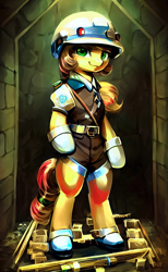 Size: 1024x1664 | Tagged: safe, derpibooru exclusive, derpibooru import, editor:darbarri, generator:stable diffusion, machine learning generated, pony, semi-anthro, clothes, detailed, ears, female, floppy ears, full body, looking at you, mare, solo, standing, the crystal empire 10th anniversary, uniform, uniform hat