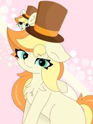 Size: 1080x1440 | Tagged: safe, artist:sodapop sprays, derpibooru import, oc, oc:sodapop sprays, pegasus, bricc, chest fluff, ears, female, floppy ears, happy, hat, looking at you, mare, simple background, top hat