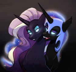 Size: 2587x2470 | Tagged: safe, artist:chub-wub, derpibooru import, nightmare moon, nightmare rarity, rarity, alicorn, pony, unicorn, bedroom eyes, duo, eyeshadow, fangs, female, grin, helmet, lesbian, looking at each other, makeup, mare, open mouth, open smile, ship:dance of the nightmares, shipping, smiling, smiling at each other