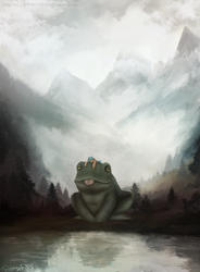 Size: 1714x2323 | Tagged: safe, artist:sinrinf, derpibooru import, oc, oc:keala, frog, pony, cloud, commission, fog, mountain, scenery, sleeping, solo