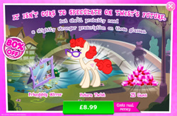 Size: 1964x1296 | Tagged: safe, derpibooru import, twist, earth pony, pony, the last problem, advertisement, bridge, bush, costs real money, english, female, flower, gameloft, gem, glasses, mare, mirror, numbers, official, older, older twist, sale, solo, solo focus, text