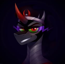 Size: 1170x1153 | Tagged: safe, artist:rtootb, derpibooru import, king sombra, pony, unicorn, badass, crystal empire, evil, evil grin, green eyes, grin, looking at you, male, simple background, smiling, sombra eyes, stallion, the crystal empire 10th anniversary