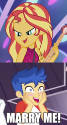 Size: 490x910 | Tagged: safe, derpibooru import, edit, edited screencap, screencap, flash sentry, sunset shimmer, better together, equestria girls, spring breakdown, bedroom eyes, blushing, electric guitar, female, flashimmer, guitar, hands on cheeks, male, musical instrument, shipping, shipping domino, smiling, starry eyes, straight, wingding eyes