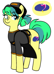 Size: 827x1128 | Tagged: safe, artist:/d/non, derpibooru import, oc, oc only, oc:baja blaster, earth pony, apron, blue hair, clothes, cutie mark, green hair, hat, looking sideways, pigtails, shirt, simple background, smiling, t-shirt, taco bell, white background, yellow fur