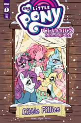 Size: 2063x3131 | Tagged: safe, derpibooru import, idw, fluttershy, pinkie pie, rainbow dash, rarity, twilight sparkle, earth pony, pegasus, unicorn, my little pony classics reimagined: little fillies, comic cover, glasses, happy, letter, little women, official comic, smiling, snow