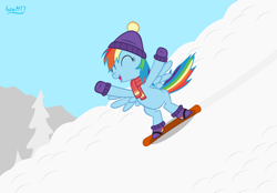 Size: 4478x3118 | Tagged: safe, artist:ironm17, derpibooru import, rainbow dash, pegasus, pony, bipedal, boots, clothes, eyes closed, female, hat, high res, mare, mittens, open mouth, scarf, shoes, smiling, snow, snowboard, solo