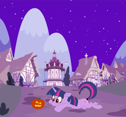 Size: 2048x1909 | Tagged: safe, artist:erkints, derpibooru import, twilight sparkle, unicorn twilight, undead, unicorn, vampire, halloween, holiday, jack-o-lantern, night, ponyville, pumpkin, red eyes