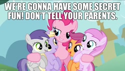 Size: 1136x640 | Tagged: safe, derpibooru import, edit, edited screencap, screencap, dinky hooves, pinkie pie, piña colada, scootaloo, tornado bolt, earth pony, pegasus, pony, unicorn, a friend in deed, bedroom eyes, caption, colt, female, filly, foal, image macro, implied foalcon, implied sex, innuendo, male, mare, smile song, text, this will end in tears