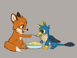 Size: 1341x1006 | Tagged: safe, artist:el-yeguero, derpibooru import, gallus, fox, griffon, plushie, simple background, spoon