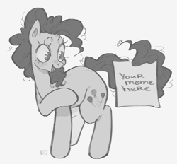 Size: 2912x2704 | Tagged: safe, artist:eunicidae, derpibooru import, pinkie pie, earth pony, pony, female, grayscale, mare, monochrome, open mouth, open smile, pointing, prehensile tail, sign, simple background, smiling, solo, tail, white background