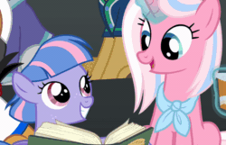 Size: 800x516 | Tagged: safe, derpibooru import, screencap, clear sky, wind sprint, pegasus, pony, unicorn, common ground, animated, book, cup, cute, duo, duo female, female, filly, foal, freckles, gif, head rub, looking at each other, looking at someone, magic, mare, mother and child, mother and daughter, parent and child, smiling, sprintabetes, talking, telekinesis
