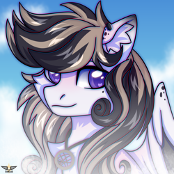 Size: 3000x3000 | Tagged: safe, artist:stormcloud, derpibooru import, oc, oc only, oc:sketch, pegasus, pony, bust, chest fluff, cloud, commission, curly hair, curly mane, ear fluff, ear piercing, earring, ears, heart, heart eyes, jewelry, looking away, male, multicolored mane, partially open wings, pegasus oc, pendant, piercing, portrait, purple eyes, sky, sky background, smiling, solo, stallion, two toned mane, wingding eyes, wings