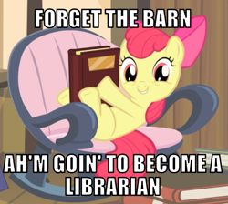 Size: 669x600 | Tagged: safe, derpibooru import, edit, edited screencap, editor:twi clown, screencap, apple bloom, earth pony, pony, somepony to watch over me, adorabloom, book, bow, caption, cute, female, filly, foal, image macro, looking at you, mare, smiling, text