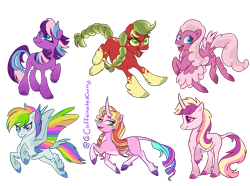 Size: 2030x1513 | Tagged: safe, artist:caffeinatedcarny, derpibooru import, applejack, fluttershy, pinkie pie, rainbow dash, rarity, twilight sparkle, earth pony, pegasus, unicorn, coat markings, earth pony twilight, feathered fetlocks, feathered wings, group, leonine tail, mane six, pegasus pinkie pie, race swap, redesign, simple background, tail, transparent background, unicorn fluttershy, unshorn fetlocks, wings