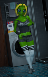 Size: 2160x3460 | Tagged: safe, artist:arcanetesla, derpibooru import, oc, oc:arcane tesla, anthro, unicorn, 3d, bathroom, blender, breast grab, breasts, busty oc, clothes, grope, rule 63, socks, solo, thigh highs