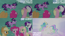 Size: 4400x2475 | Tagged: safe, derpibooru import, edit, edited screencap, editor:quoterific, screencap, applejack, fluttershy, pinkie pie, princess celestia, rainbow dash, rarity, twilight sparkle, lesson zero, ears, floppy ears, karma, mane six, messy hair, messy mane, messy tail, tail, twilight snapple, uh oh