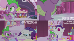 Size: 4400x2475 | Tagged: safe, derpibooru import, edit, edited screencap, editor:quoterific, screencap, rarity, spike, dragon, pony, unicorn, simple ways, carousel boutique, crying, cup, duo, female, male, mare, teacup