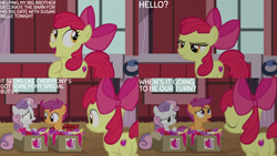 Size: 4400x2475 | Tagged: safe, derpibooru import, edit, edited screencap, editor:quoterific, screencap, apple bloom, scootaloo, sweetie belle, the break up breakdown, cutie mark crusaders