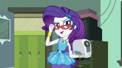 Size: 1920x1080 | Tagged: safe, derpibooru import, screencap, rarity, human, better together, equestria girls, happily ever after party, glasses, humanized, projector, rarity peplum dress, rarity's glasses