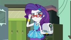 Size: 1920x1080 | Tagged: safe, derpibooru import, screencap, rarity, human, better together, equestria girls, happily ever after party, glasses, humanized, projector, rarity peplum dress, rarity's glasses