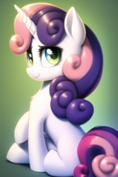 Size: 512x768 | Tagged: safe, derpibooru import, machine learning generated, sweetie belle, pony, unicorn, abstract background, female, filly, foal, green eyes, looking at you, looking back, looking back at you, novel ai, sitting, smiling, smiling at you, solo