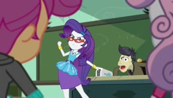 Size: 1920x1080 | Tagged: safe, derpibooru import, screencap, cranky doodle donkey, rarity, scootaloo, sweetie belle, human, better together, equestria girls, happily ever after party, glasses, humanized, projector, rarity peplum dress, rarity's glasses