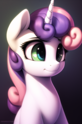 Size: 512x768 | Tagged: safe, derpibooru import, machine learning generated, sweetie belle, pony, unicorn, female, filly, foal, green eyes, novel ai, smiling, solo