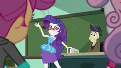 Size: 1920x1080 | Tagged: safe, derpibooru import, screencap, cranky doodle donkey, rarity, scootaloo, sweetie belle, human, better together, equestria girls, happily ever after party, glasses, humanized, projector, rarity peplum dress, rarity's glasses