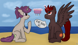 Size: 2388x1377 | Tagged: safe, artist:hardrock, derpibooru import, oc, oc:hardy, oc:lavrushka, alicorn, pony, unicorn, cake, female, food, gravity, male, sitting