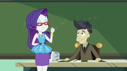 Size: 1920x1080 | Tagged: safe, derpibooru import, screencap, cranky doodle donkey, rarity, human, better together, equestria girls, happily ever after party, glasses, humanized, projector, rarity peplum dress, rarity's glasses