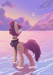 Size: 1240x1754 | Tagged: safe, artist:skysorbett, derpibooru import, oc, oc:lavrushka, pony, unicorn, cloud, commission, crescent moon, female, mare, moon, rear view, sky, solo, ych result