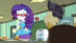 Size: 1920x1080 | Tagged: safe, derpibooru import, screencap, cranky doodle donkey, rarity, human, better together, equestria girls, happily ever after party, glasses, humanized, projector, rarity peplum dress, rarity's glasses