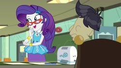 Size: 1920x1080 | Tagged: safe, derpibooru import, screencap, cranky doodle donkey, rarity, human, better together, equestria girls, happily ever after party, glasses, humanized, projector, rarity peplum dress, rarity's glasses