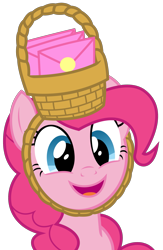 Size: 1569x2406 | Tagged: safe, artist:sketchmcreations, derpibooru import, pinkie pie, earth pony, pony, party of one, season 1, basket, envelope, female, invitation, mare, open mouth, open smile, simple background, smiling, transparent background, vector