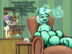 Size: 2732x2048 | Tagged: safe, artist:phutashi, derpibooru import, bon bon, lyra heartstrings, sweetie drops, earth pony, pony, unicorn, chair, coffee mug, dialogue, female, frog (hoof), glowing, glowing horn, hand, horn, lesbian, lidded eyes, lyrabon, magic, magic hands, mare, mug, recliner, shipping, sitting, underhoof