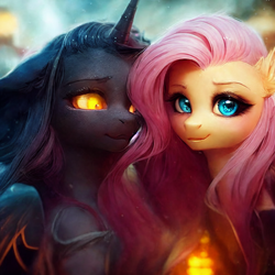 Size: 1408x1408 | Tagged: safe, derpibooru exclusive, derpibooru import, editor:bigcheese, generator:stable diffusion, machine learning assisted, machine learning generated, fluttershy, oc, pegasus, unicorn, duo, duo female, female